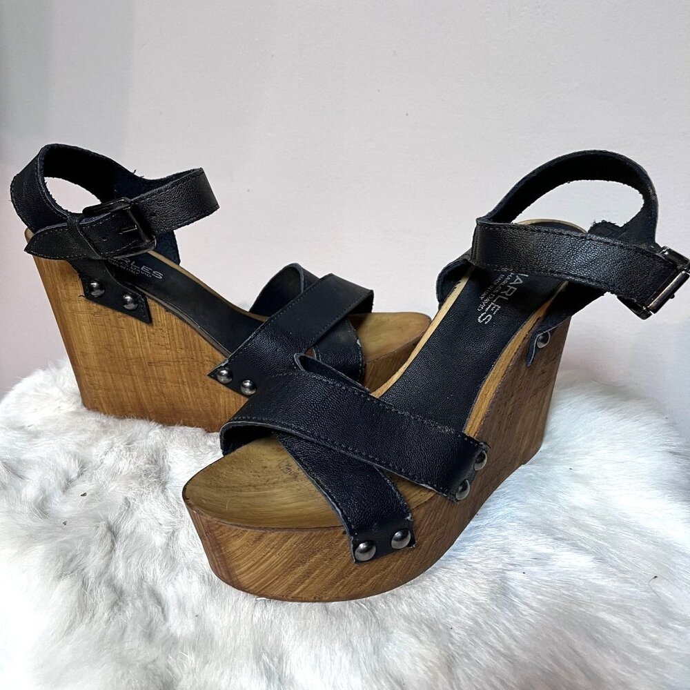Y2K Charles David Black Leather Platform Sandals w Wood Wedge Heel Made In Italy